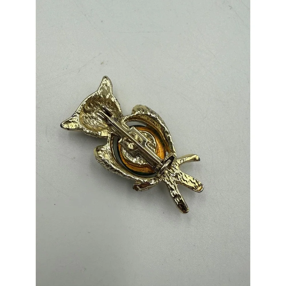 Vintage Gold Tone Owl‎ Brooch Green Cabochon Eyes and Belly Woodland Jewelry